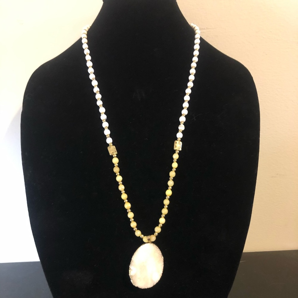 Yellow and white drusy pendant with white howlite necklace beads.